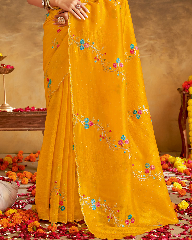 Vishal Prints Mustard Yellow Designer Crushed Tissue Saree With Embroidery-Diamond Work And Cut Work Border