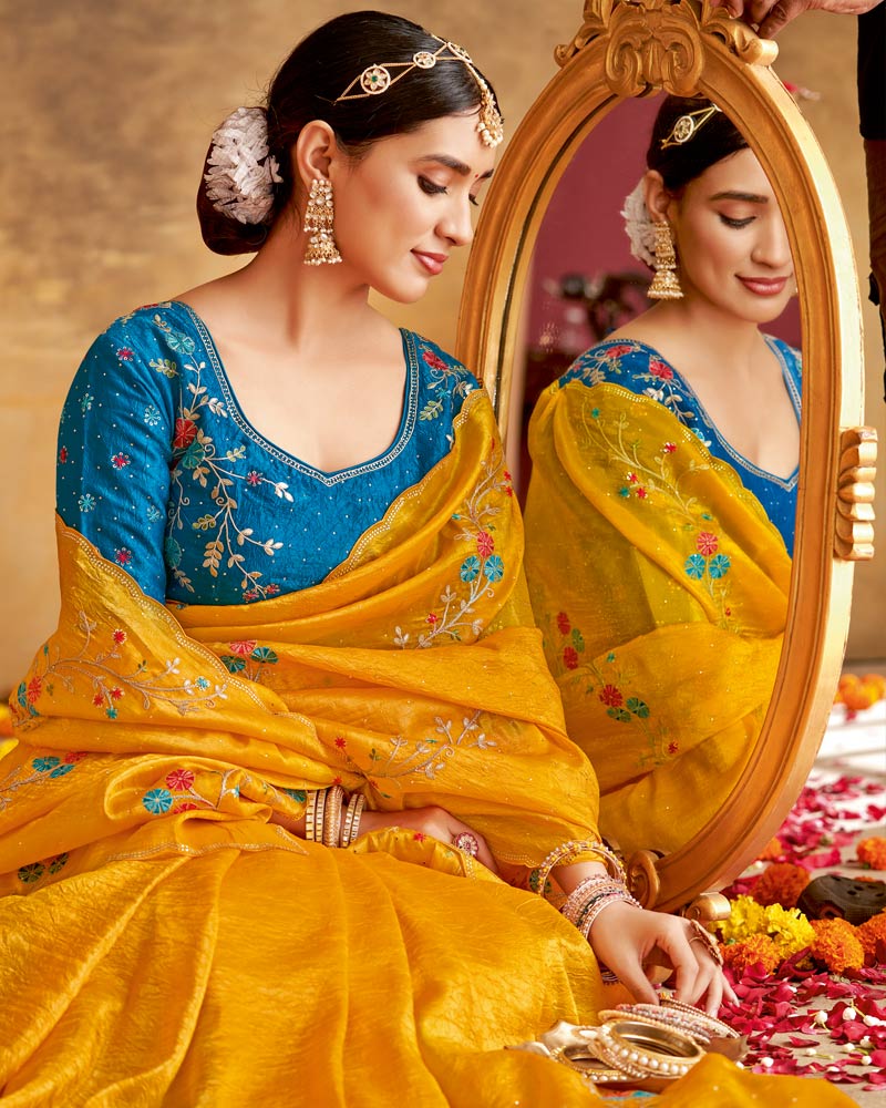 Vishal Prints Mustard Yellow Designer Crushed Tissue Saree With Embroidery-Diamond Work And Cut Work Border