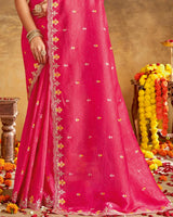 Vishal Prints Strawberry Pink Designer Crushed Tissue Saree With Embroidery-Diamond Work And Cut Work Border