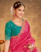 Vishal Prints Strawberry Pink Designer Crushed Tissue Saree With Embroidery-Diamond Work And Cut Work Border