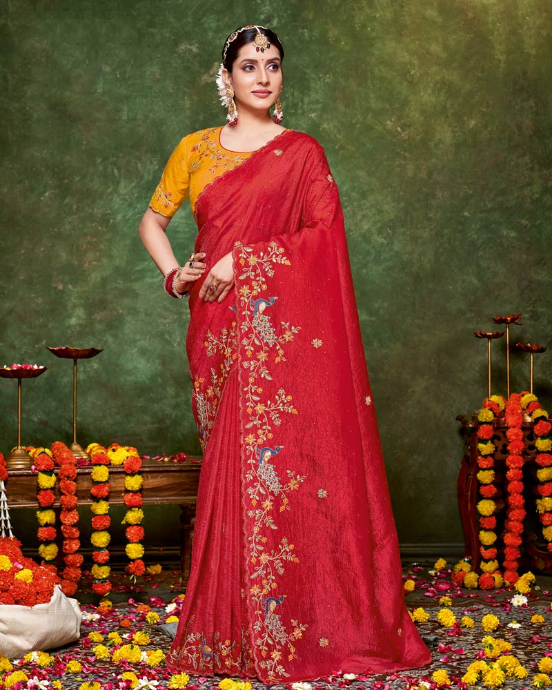Vishal Prints Scarlet Red Designer Crushed Tissue Saree With Embroidery-Diamond Work And Cut Work Border