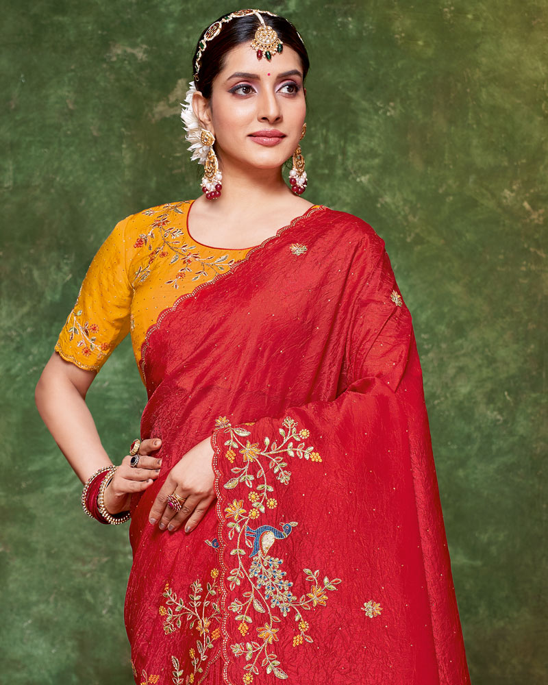 Vishal Prints Scarlet Red Designer Crushed Tissue Saree With Embroidery-Diamond Work And Cut Work Border
