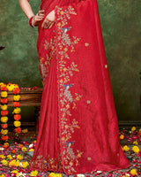 Vishal Prints Scarlet Red Designer Crushed Tissue Saree With Embroidery-Diamond Work And Cut Work Border