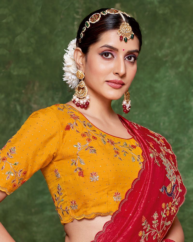 Vishal Prints Scarlet Red Designer Crushed Tissue Saree With Embroidery-Diamond Work And Cut Work Border