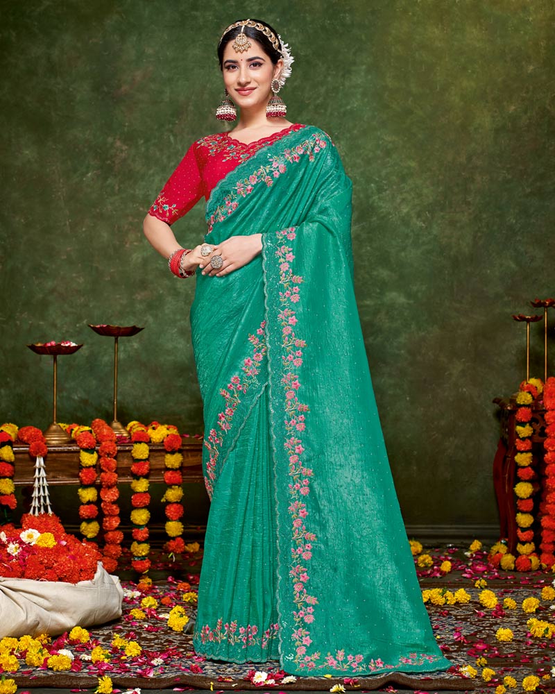 Vishal Prints Persian Green Designer Crushed Tissue Saree With Embroidery-Diamond Work And Cut Work Border
