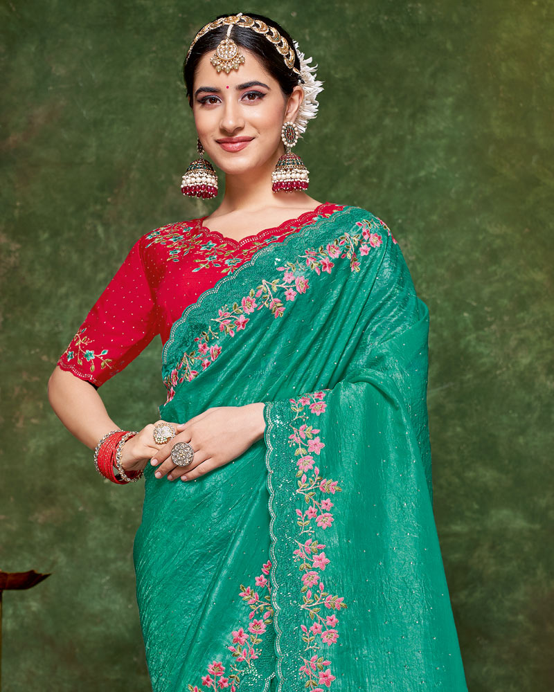 Vishal Prints Persian Green Designer Crushed Tissue Saree With Embroidery-Diamond Work And Cut Work Border