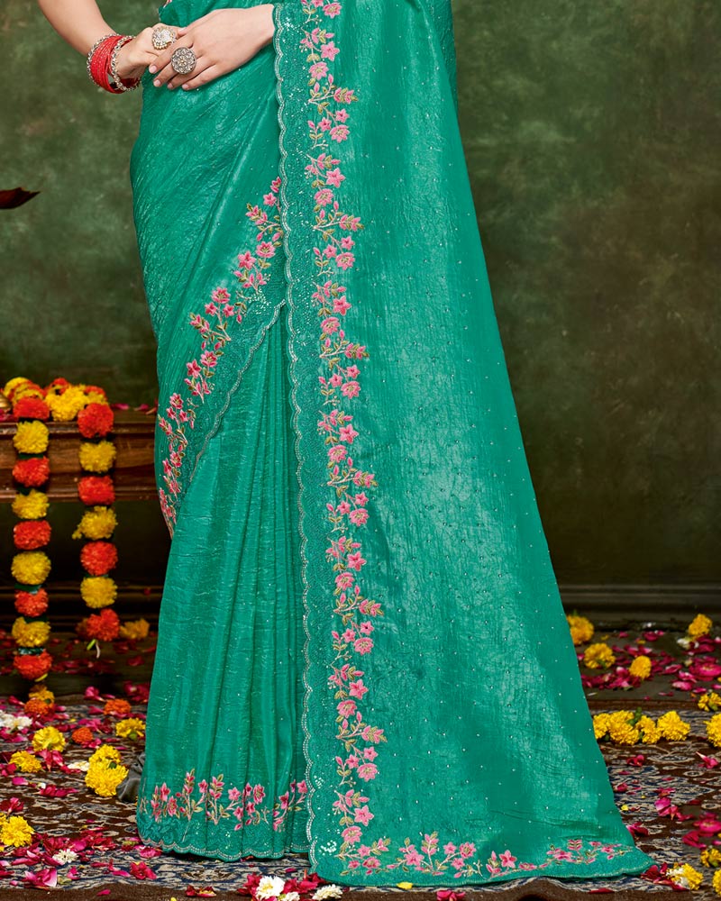 Vishal Prints Persian Green Designer Crushed Tissue Saree With Embroidery-Diamond Work And Cut Work Border