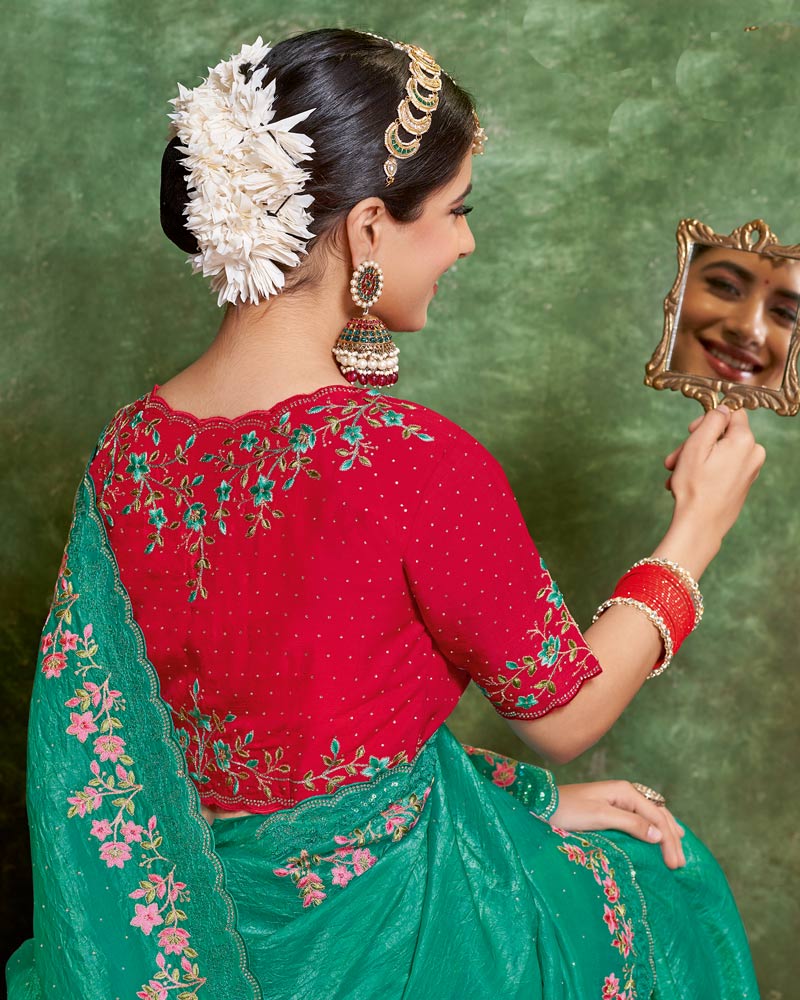 Vishal Prints Persian Green Designer Crushed Tissue Saree With Embroidery-Diamond Work And Cut Work Border