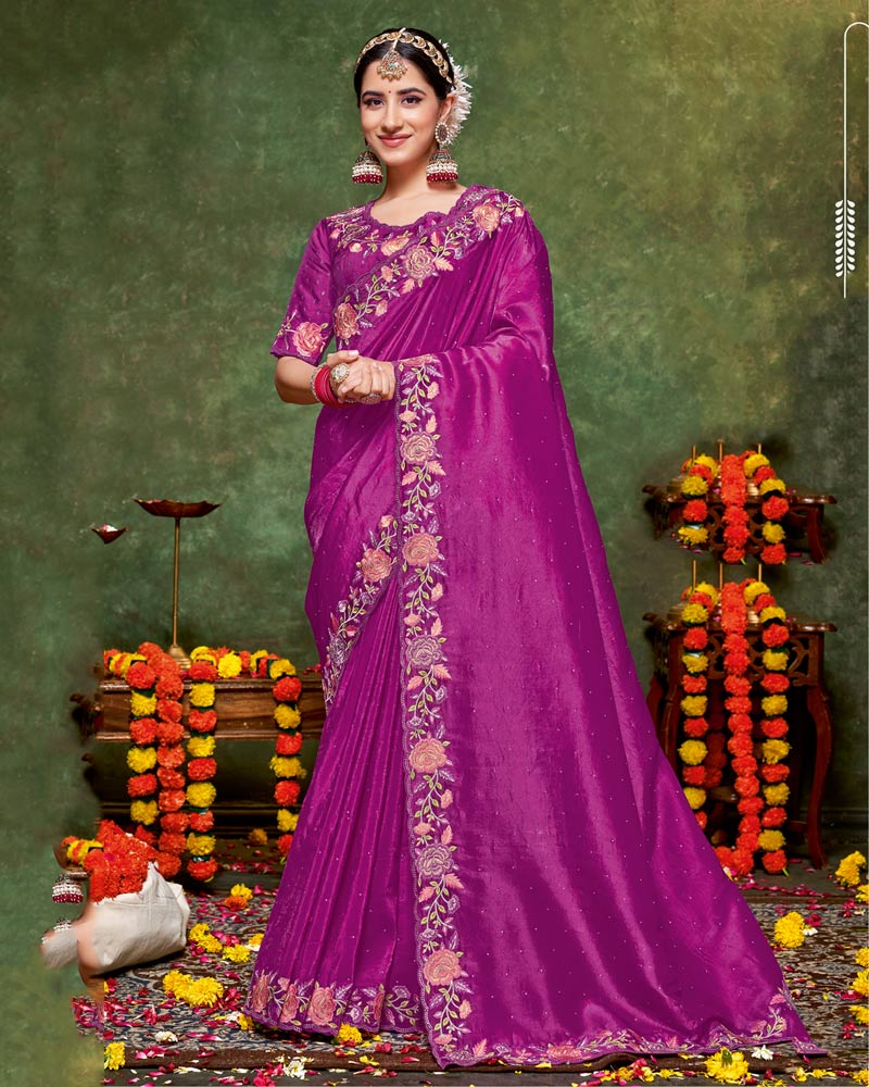 Vishal Prints Dark Fuchsia Designer Crushed Tissue Saree With Embroidery-Diamond Work And Cut Work Border
