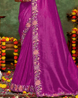 Vishal Prints Dark Fuchsia Designer Crushed Tissue Saree With Embroidery-Diamond Work And Cut Work Border