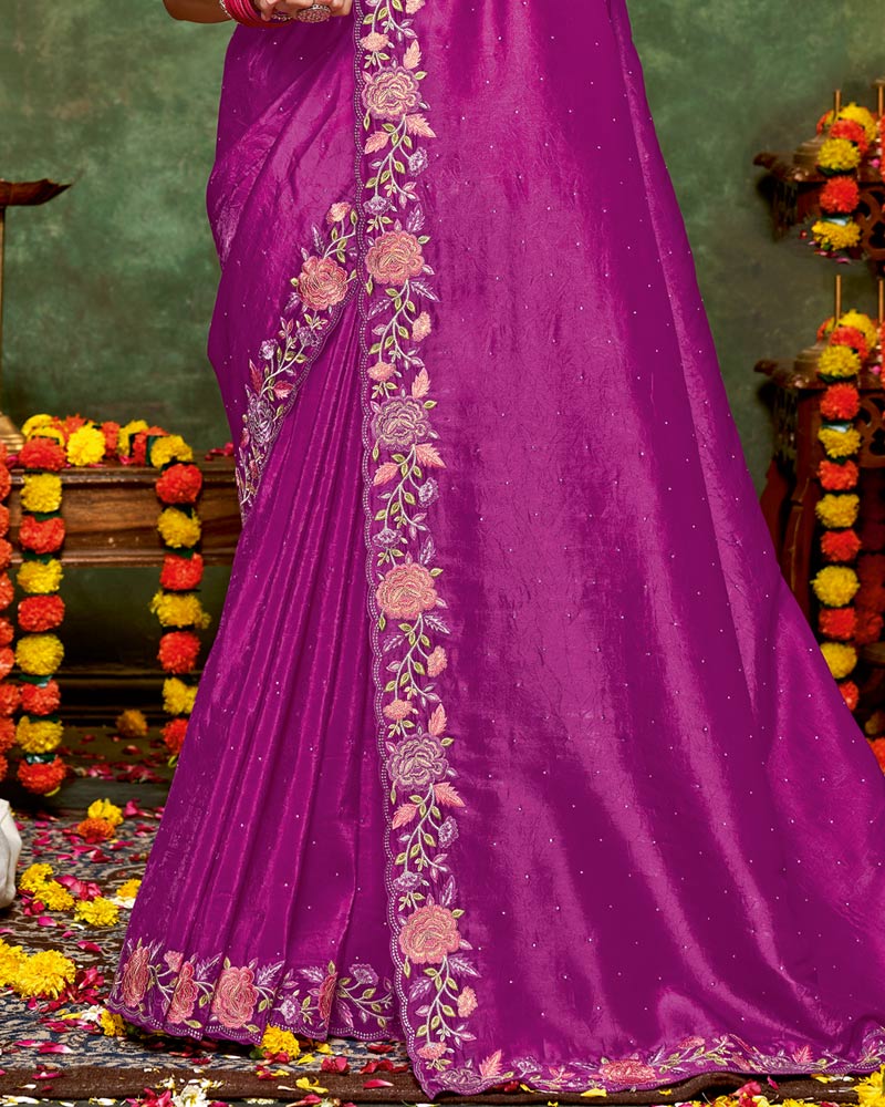 Vishal Prints Dark Fuchsia Designer Crushed Tissue Saree With Embroidery-Diamond Work And Cut Work Border