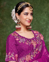 Vishal Prints Dark Fuchsia Designer Crushed Tissue Saree With Embroidery-Diamond Work And Cut Work Border