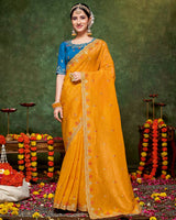 Vishal Prints Pumpkin Orange Designer Crushed Tissue Saree With Embroidery-Diamond Work And Cut Work Border