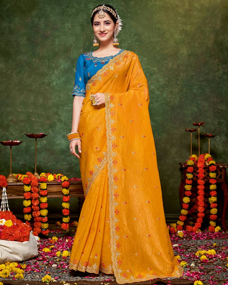 Vishal Prints Pumpkin Orange Designer Crushed Tissue Saree With Embroidery-Diamond Work And Cut Work Border