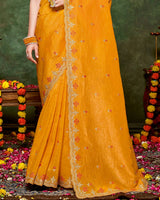 Vishal Prints Pumpkin Orange Designer Crushed Tissue Saree With Embroidery-Diamond Work And Cut Work Border