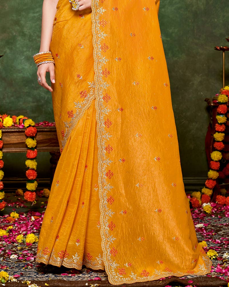 Vishal Prints Pumpkin Orange Designer Crushed Tissue Saree With Embroidery-Diamond Work And Cut Work Border