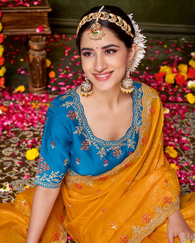 Vishal Prints Pumpkin Orange Designer Crushed Tissue Saree With Embroidery-Diamond Work And Cut Work Border