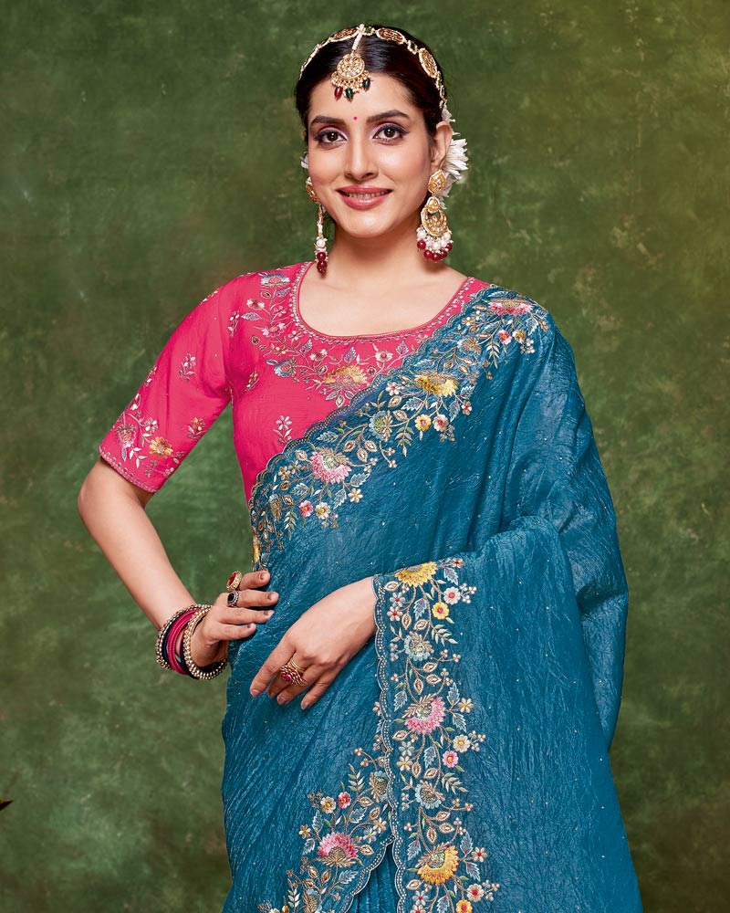 Vishal Prints Peacock Blue Designer Crushed Tissue Saree With Embroidery-Diamond Work And Cut Work Border