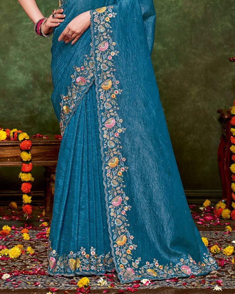 Vishal Prints Peacock Blue Designer Crushed Tissue Saree With Embroidery-Diamond Work And Cut Work Border