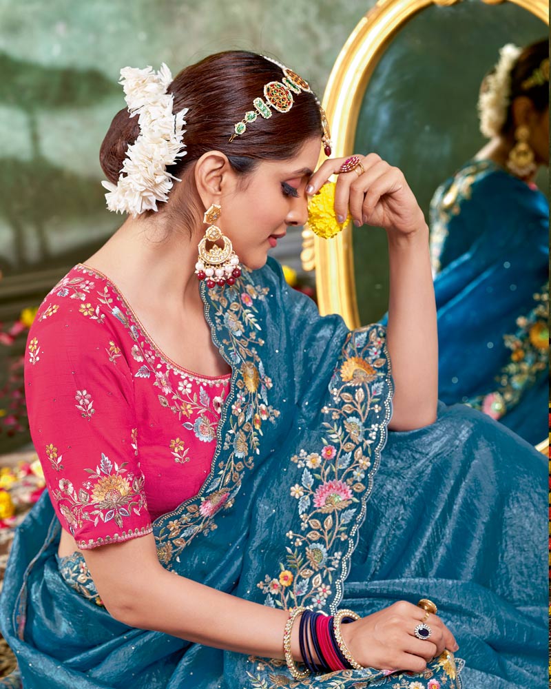 Vishal Prints Peacock Blue Designer Crushed Tissue Saree With Embroidery-Diamond Work And Cut Work Border