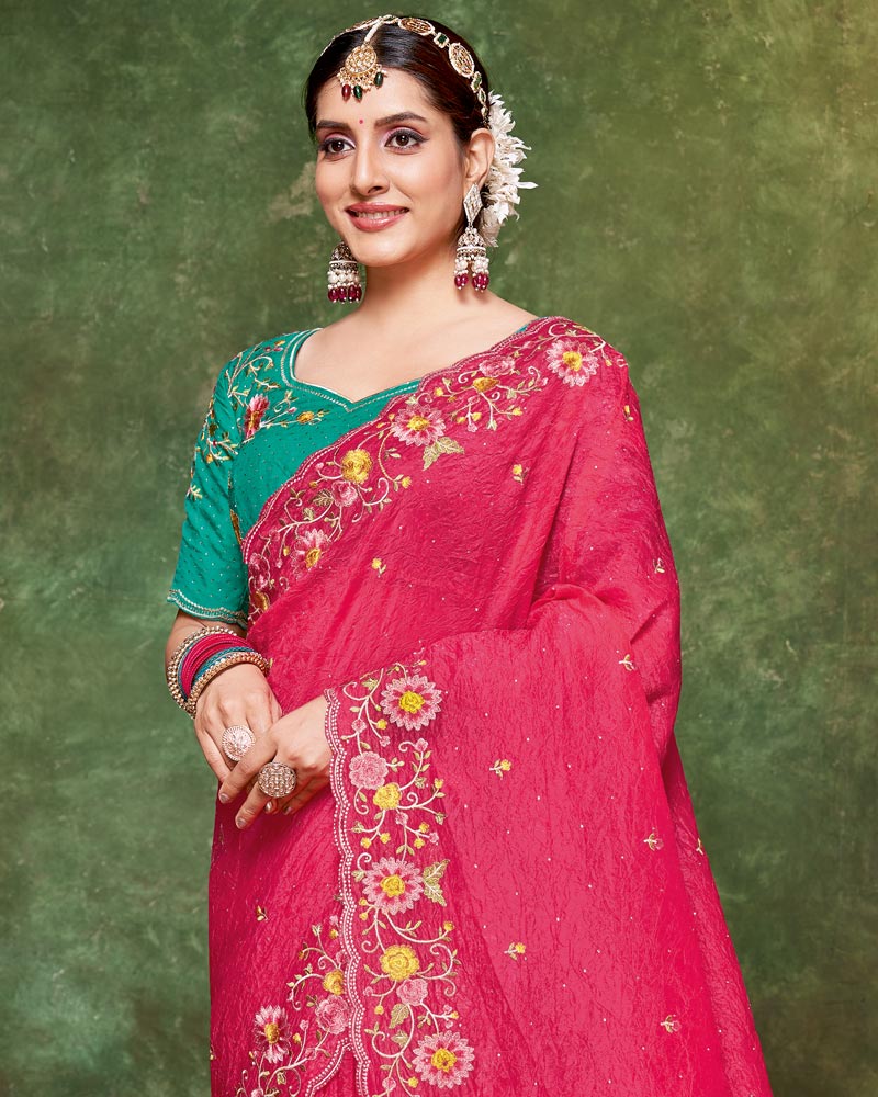 Vishal Prints Deep Rose Pink Designer Crushed Tissue Saree With Embroidery-Diamond Work And Cut Work Border