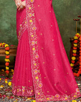 Vishal Prints Deep Rose Pink Designer Crushed Tissue Saree With Embroidery-Diamond Work And Cut Work Border
