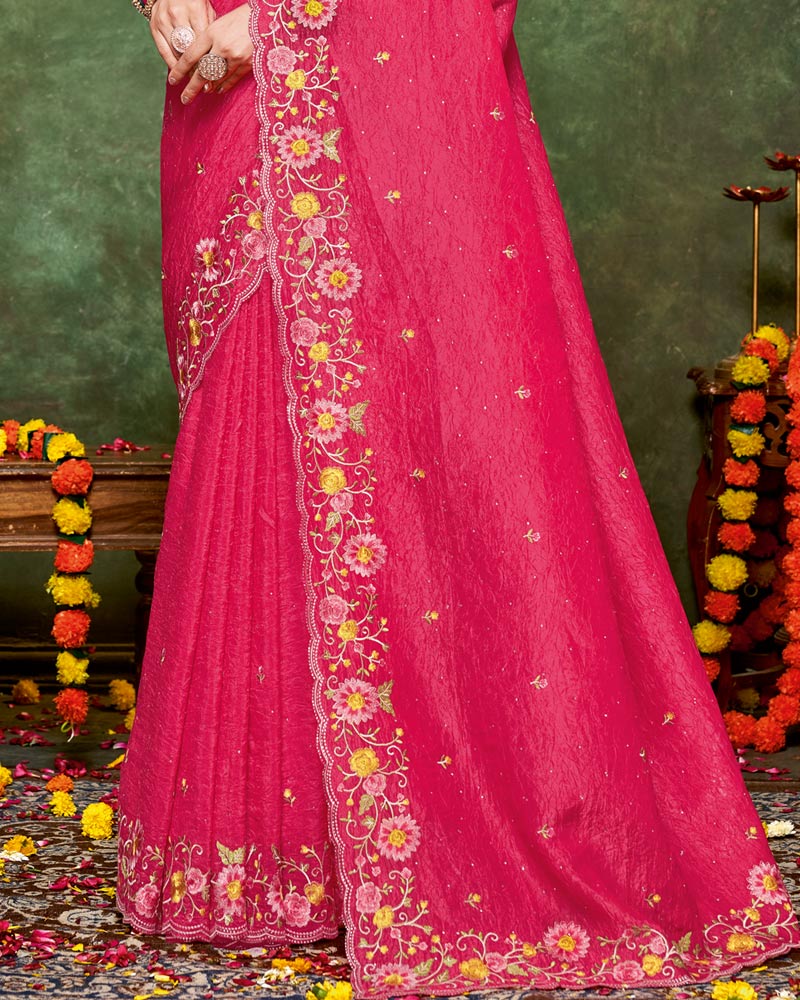 Vishal Prints Deep Rose Pink Designer Crushed Tissue Saree With Embroidery-Diamond Work And Cut Work Border