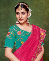 Vishal Prints Deep Rose Pink Designer Crushed Tissue Saree With Embroidery-Diamond Work And Cut Work Border