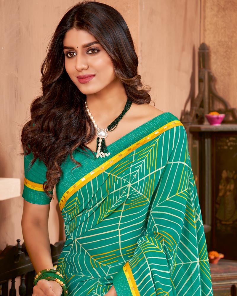 Vishal Prints Aqua Green Printed Georgette Saree With Border