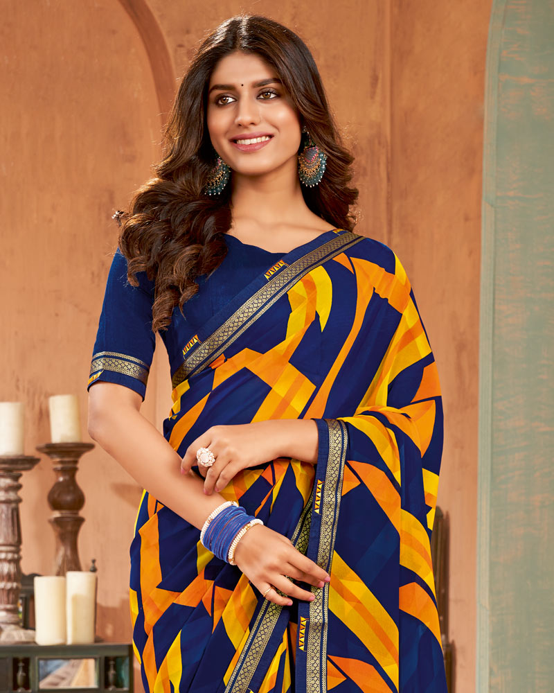 Vishal Prints Navy Blue Printed Georgette Saree With Border