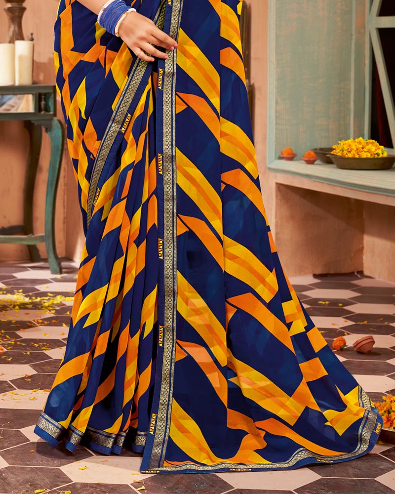 Vishal Prints Navy Blue Printed Georgette Saree With Border