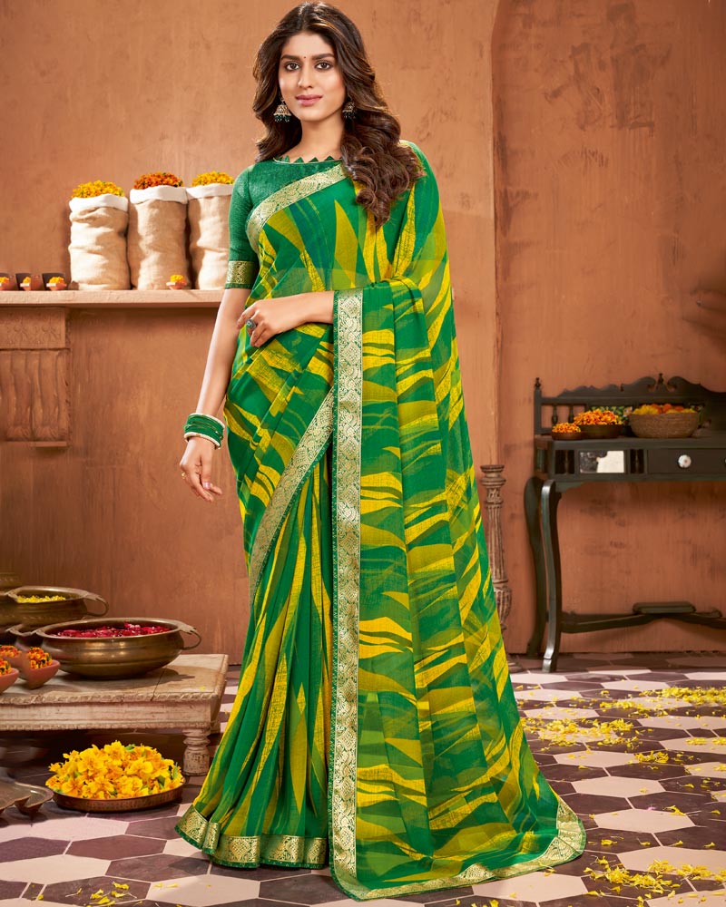 Vishal Prints Dark Green Printed Georgette Saree With Border