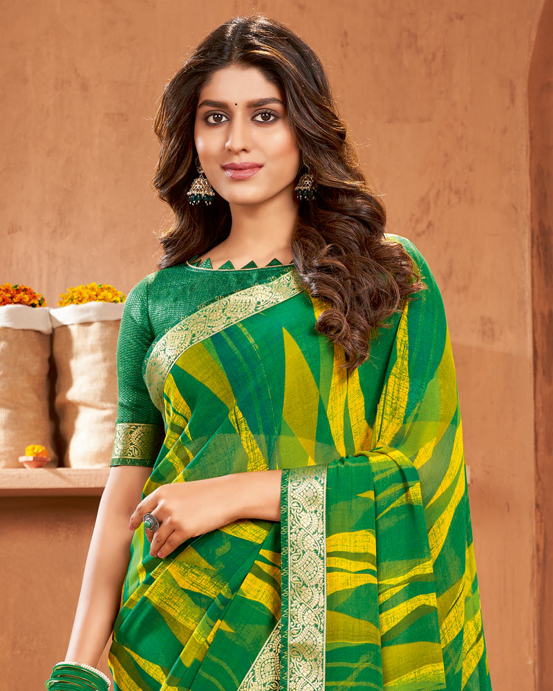 Vishal Prints Dark Green Printed Georgette Saree With Border
