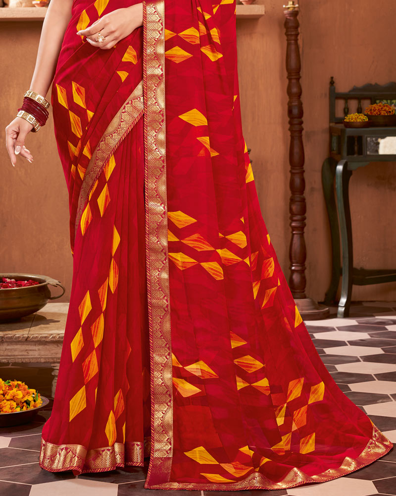 Vishal Prints Cherry Red Printed Georgette Saree With Border