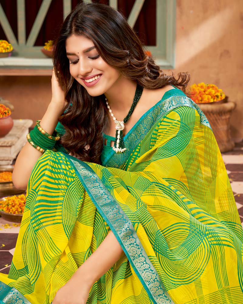 Vishal Prints Yellow Printed Georgette Saree With Border