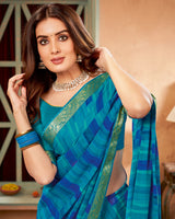 Vishal Prints Teal Blue Printed Georgette Saree With Border