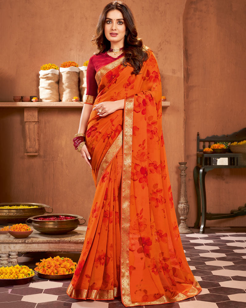 Vishal Prints Dark Orange Printed Georgette Saree With Border
