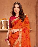 Vishal Prints Dark Orange Printed Georgette Saree With Border