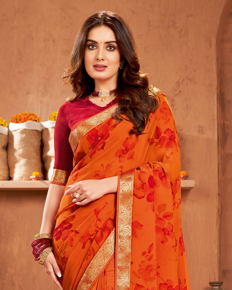 Vishal Prints Dark Orange Printed Georgette Saree With Border
