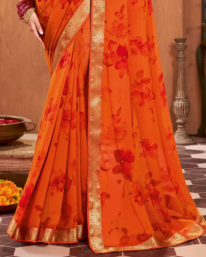 Vishal Prints Dark Orange Printed Georgette Saree With Border