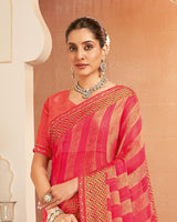 Vishal Prints Deep Coral Red Printed Brasso Saree With Diamond Work And Fancy Border