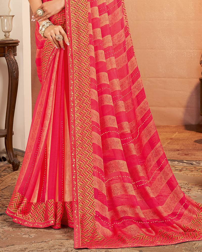 Vishal Prints Deep Coral Red Printed Brasso Saree With Diamond Work And Fancy Border