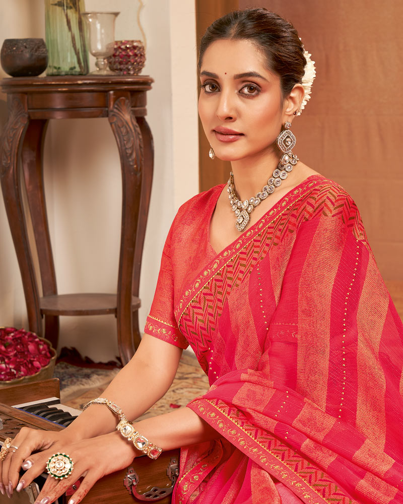 Vishal Prints Deep Coral Red Printed Brasso Saree With Diamond Work And Fancy Border