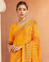 Vishal Prints Yellowish Orange Printed Brasso Saree With Diamond Work And Fancy Border