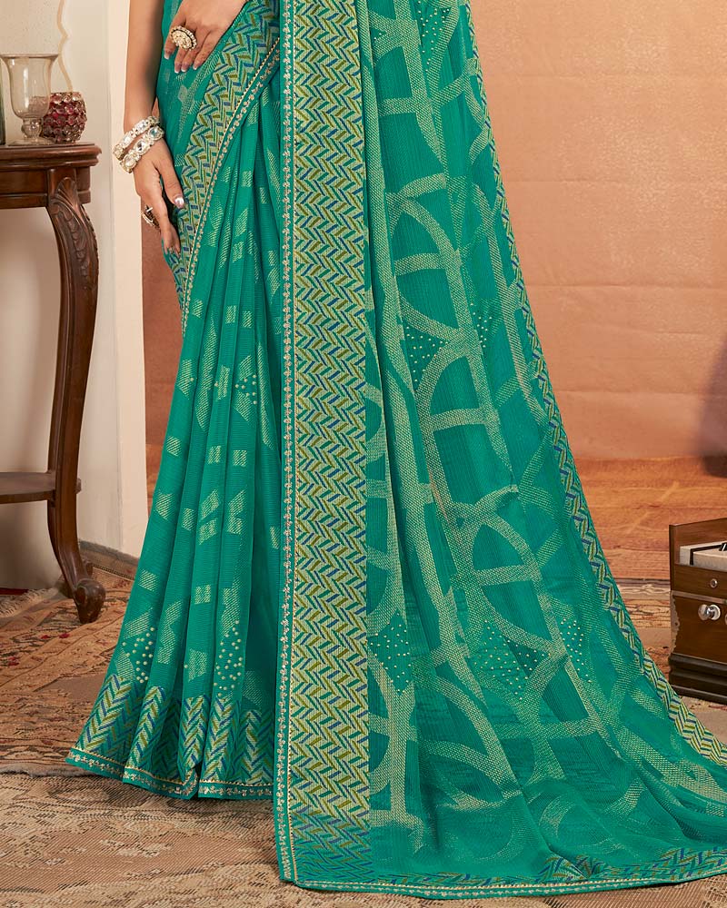 Vishal Prints Emerald Green Printed Brasso Saree With Diamond Work And Fancy Border