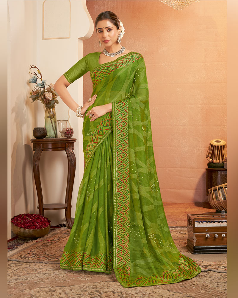 Vishal Prints Olive Green Printed Brasso Saree With Diamond Work And Fancy Border