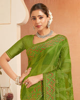 Vishal Prints Olive Green Printed Brasso Saree With Diamond Work And Fancy Border