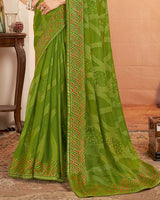 Vishal Prints Olive Green Printed Brasso Saree With Diamond Work And Fancy Border