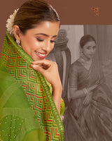Vishal Prints Olive Green Printed Brasso Saree With Diamond Work And Fancy Border