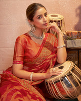 Vishal Prints Chili Red Printed Brasso Saree With Diamond Work And Fancy Border